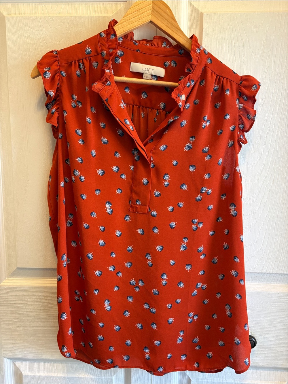 LOFT Red Sleeveless Floral Ruffle Neck Blouse